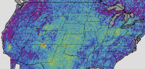 US methane emissions were documented from 2003-2009. The red spot above the Four Corners indicates the highest concentration. Image Credit:  NASA/JPL-Caltech/University of Michigan